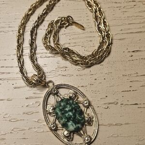 WHITING & DAVIS Signed Pendant Necklace Dark Green Cut Jade